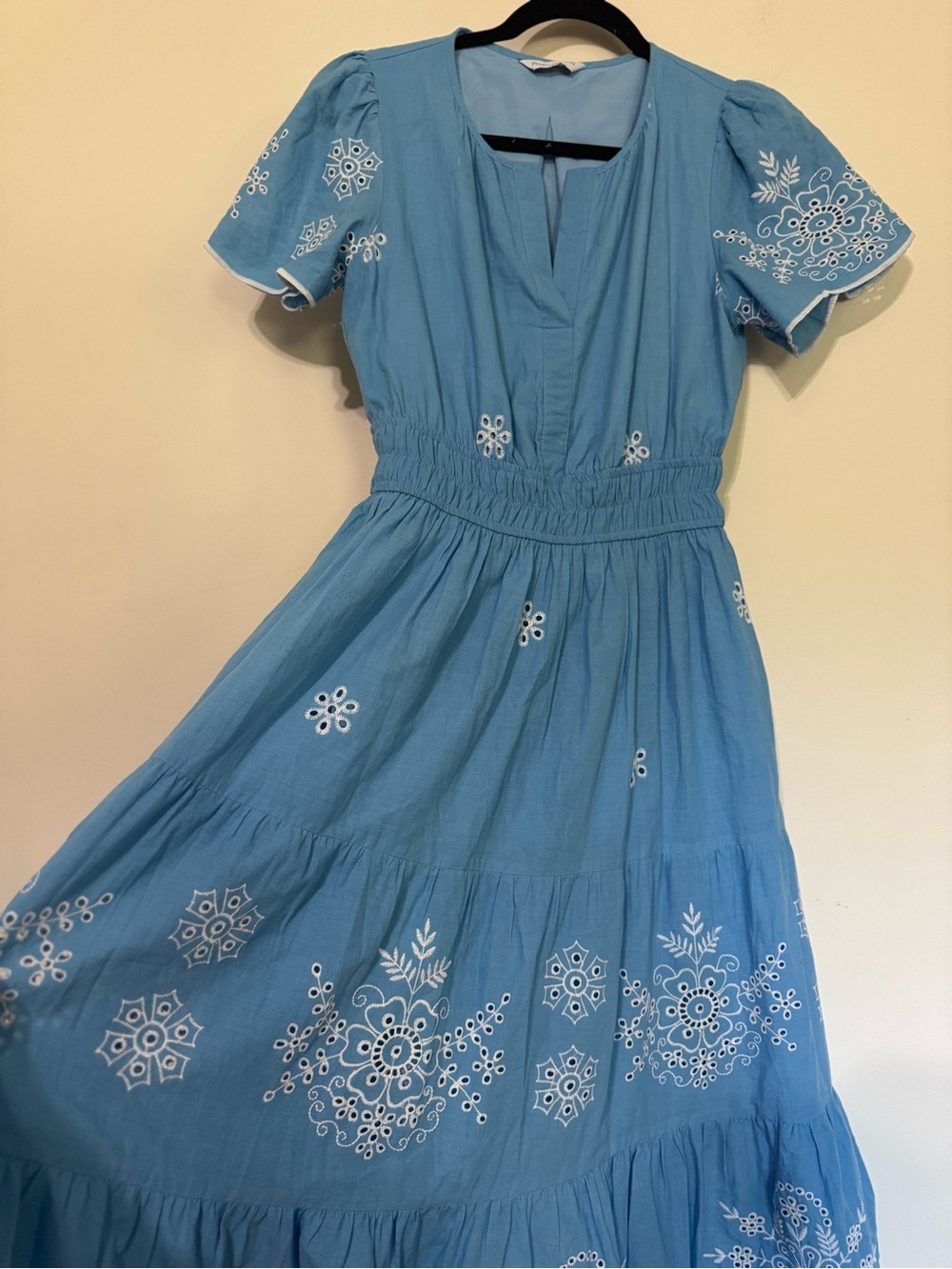 Sky Blue Embroidered Maxi Dress with Smocked Waist